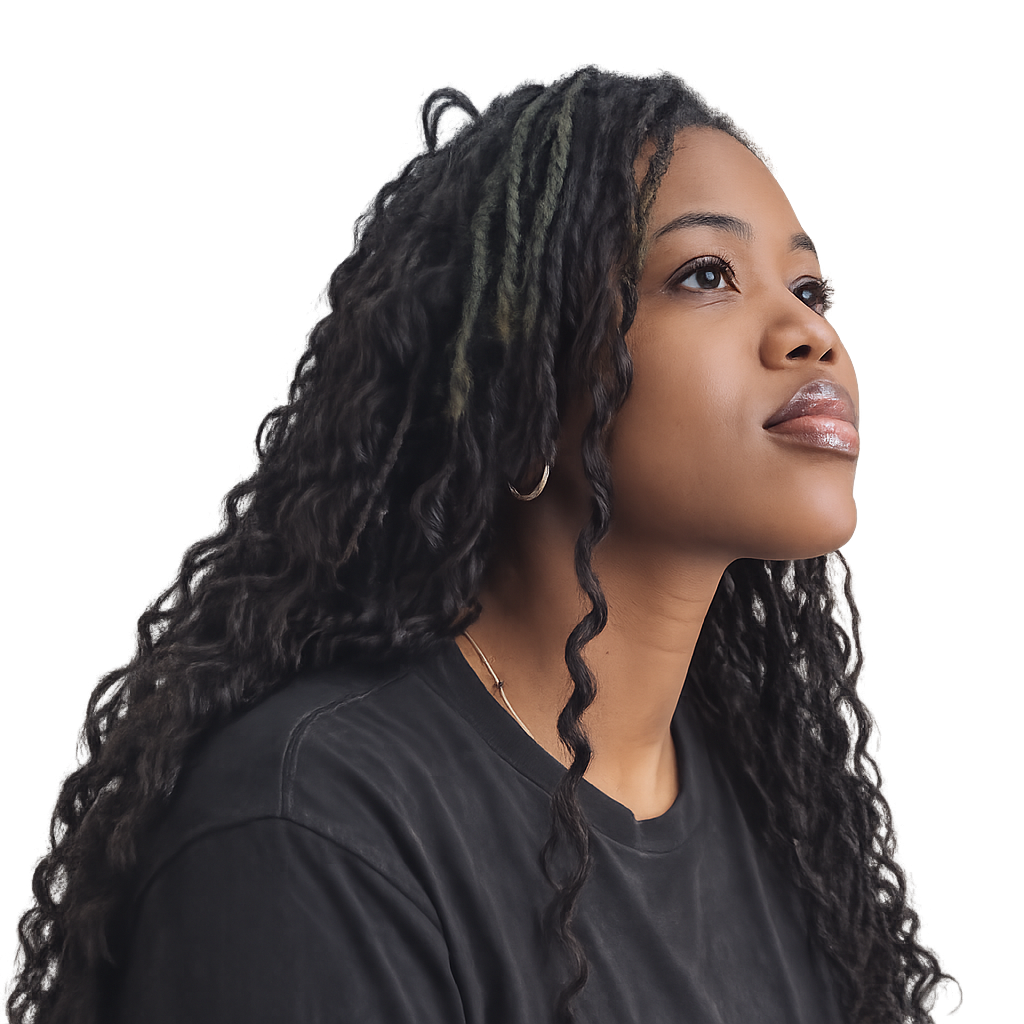 Chriselah in a dark red studio portrait