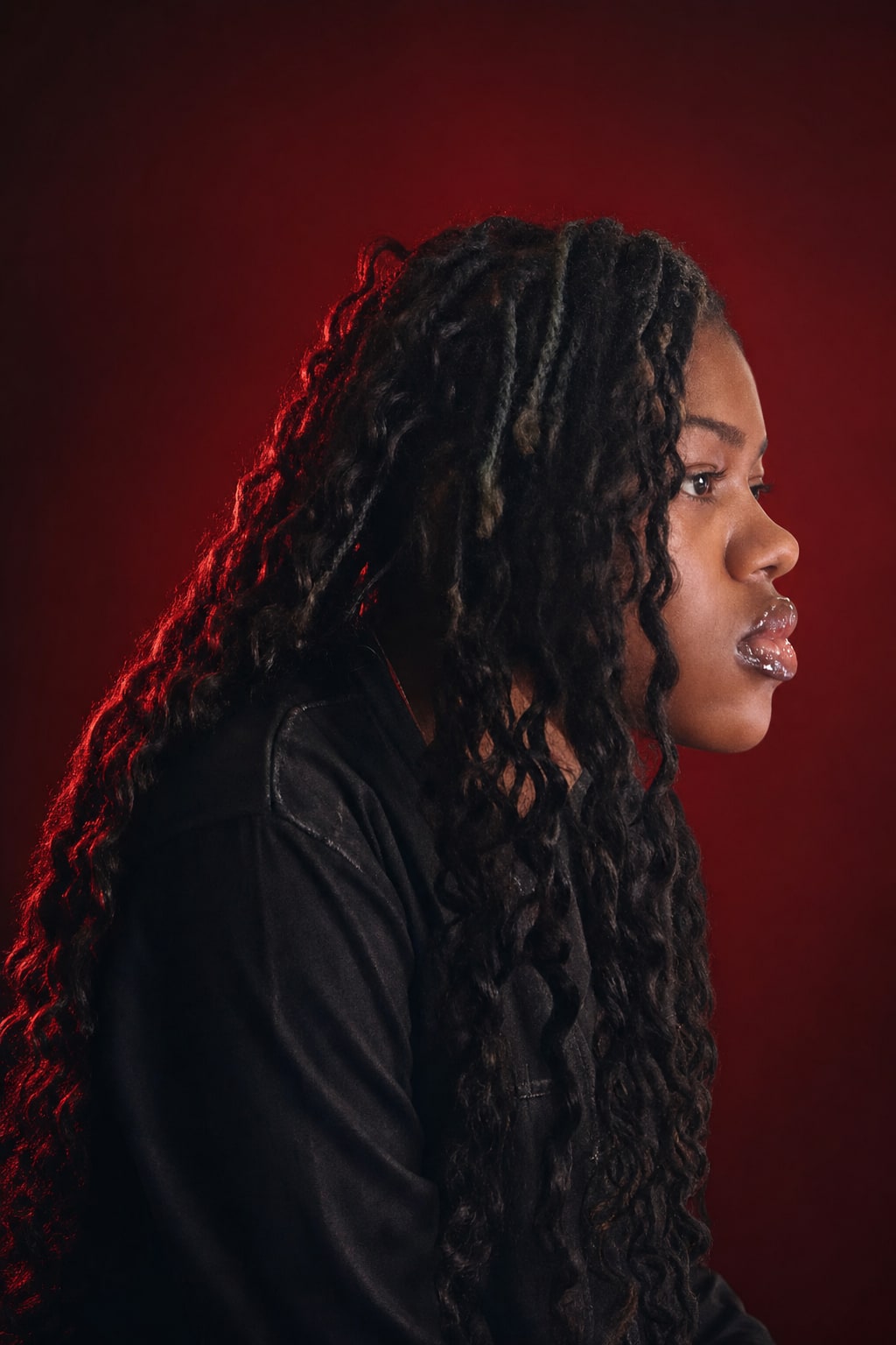 Chriselah in a red studio portrait